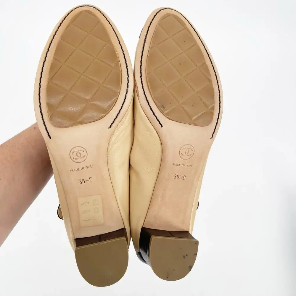 Chanel Retro y2k Beige & Black CC Cap Toe Leather Mary Jane Strap Heels EU 38.5